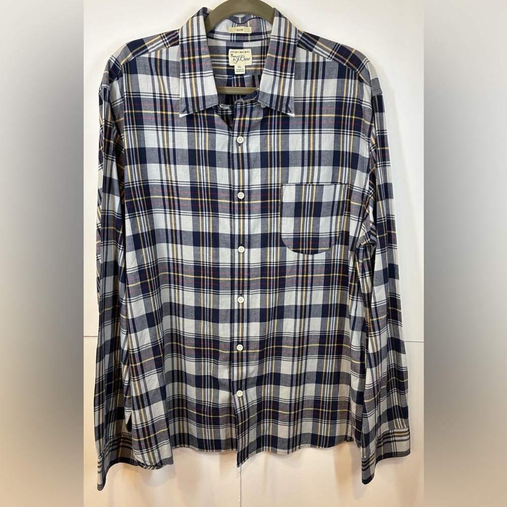 J. Crew Indian Madras Plaid Shirt Mens XL Slim Fit Blue Yellow Button Down